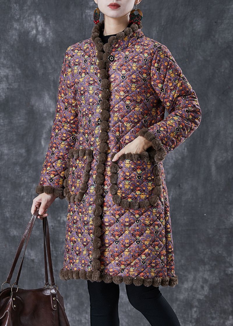 Warme Fleecejas Met Paarse Print En Oversized Opstaande Kraag Winter - Dames winterjassen