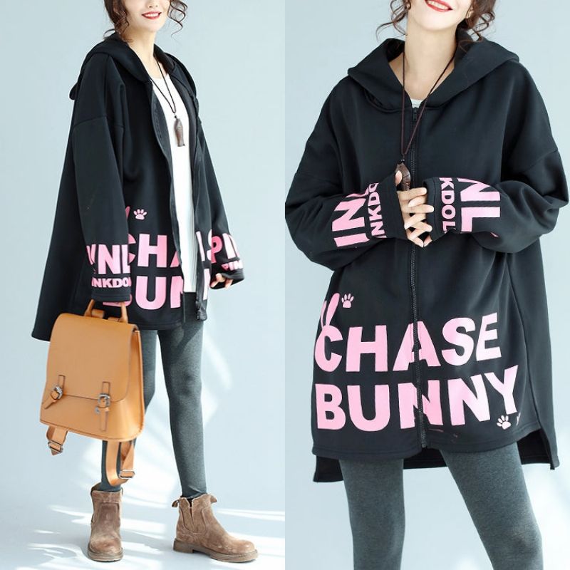 Wijde Losse Zwarte Katoenen Jassen Met Capuchon Winter Casual Oversized Prints Uitloper