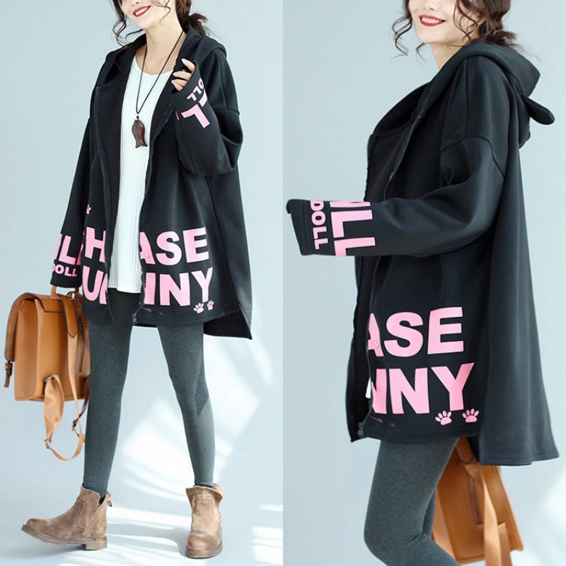 Wijde Losse Zwarte Katoenen Jassen Met Capuchon Winter Casual Oversized Prints Uitloper - Dames winterjassen