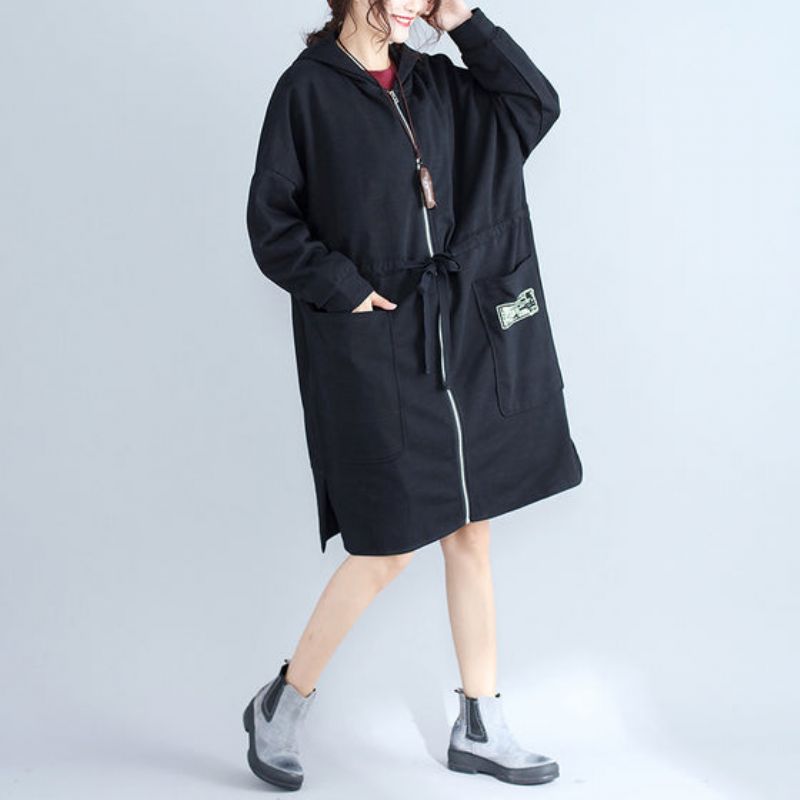 Winter Plus Size Dames Katoenen Vesten Zwarte Capuchonprints Warme Trenchcoats Met Ritssluiting