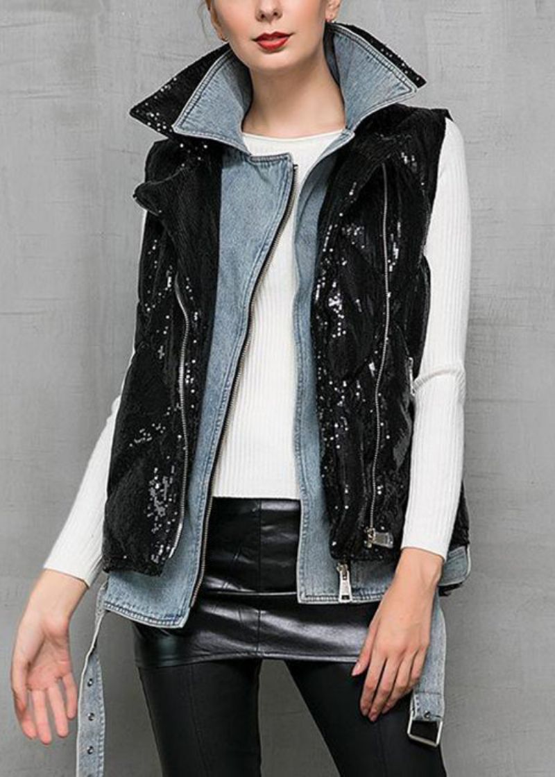 Zwart Denim Patchwork Eendendons Gilet Peter Pan Kraag Winter