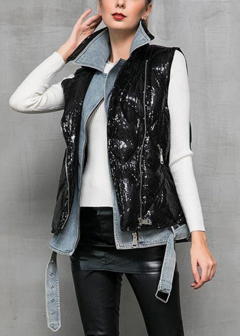 Zwart Denim Patchwork Eendendons Gilet Peter Pan Kraag Winter - Dames winterjassen