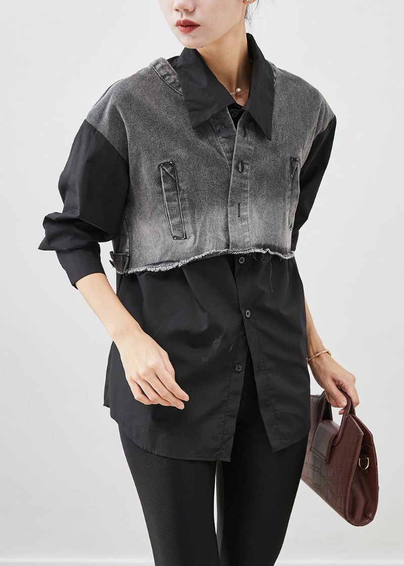 Zwart Patchwork Denim Katoenen Overhemd Tops Oversized Herfst - Dames winterjassen