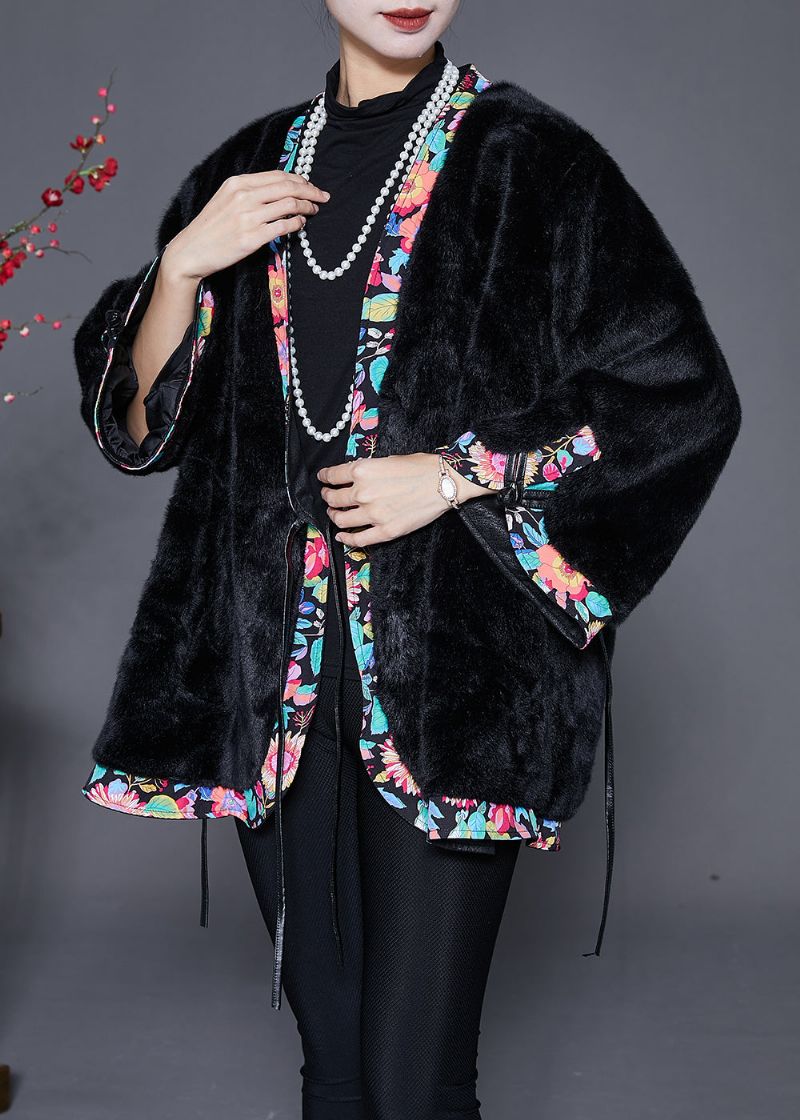 Zwart Patchwork Nertsfluwelen Jas Uitloper Oversized Vetersluiting Winter - Dames winterjassen