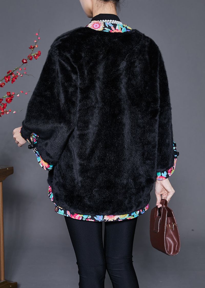 Zwart Patchwork Nertsfluwelen Jas Uitloper Oversized Vetersluiting Winter - Dames winterjassen