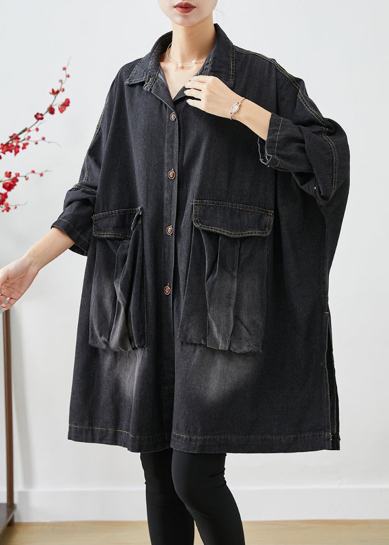 Zwarte Denim Trenchcoat Oversized Zakken Vleermuismouw