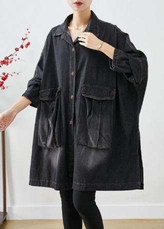 Zwarte Denim Trenchcoat Oversized Zakken Vleermuismouw