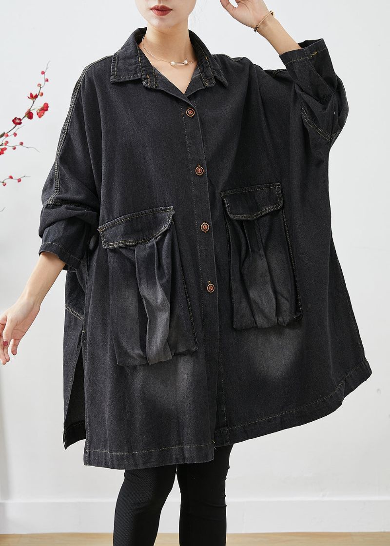 Zwarte Denim Trenchcoat Oversized Zakken Vleermuismouw - Dames winterjassen