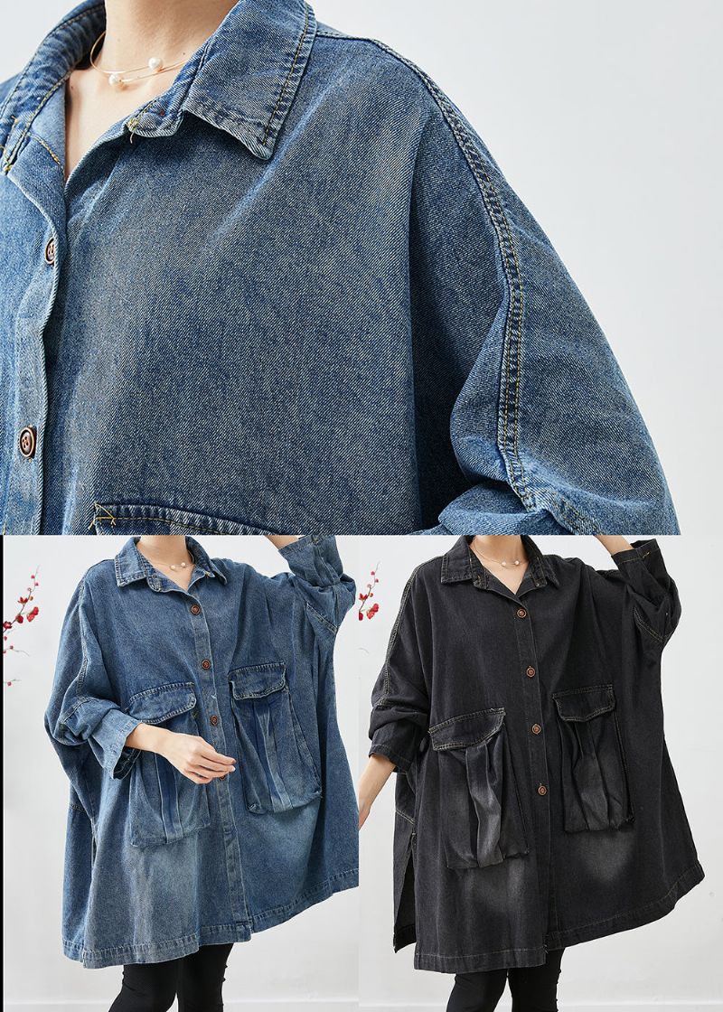 Zwarte Denim Trenchcoat Oversized Zakken Vleermuismouw - Dames winterjassen