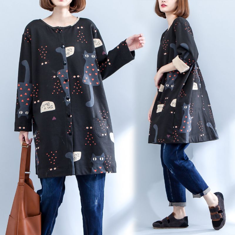 Zwarte Plus Size Cartoon Prints Katoenen Vesten Met Lange Mouwen O-hals Jas Herfst