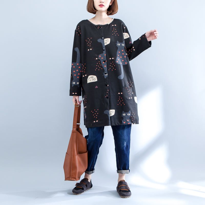 Zwarte Plus Size Cartoon Prints Katoenen Vesten Met Lange Mouwen O-hals Jas Herfst - Dames winterjassen