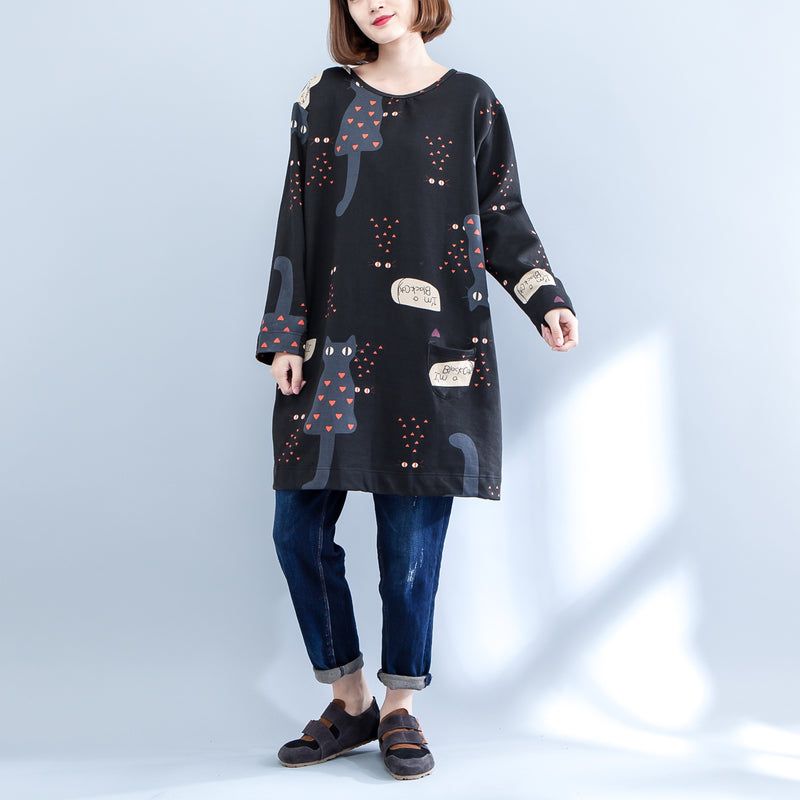 Zwarte Plus Size Cartoon Prints Katoenen Vesten Met Lange Mouwen O-hals Jas Herfst - Dames winterjassen