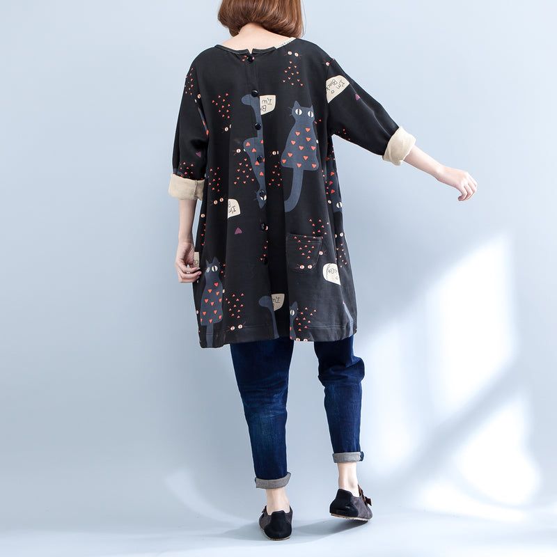 Zwarte Plus Size Cartoon Prints Katoenen Vesten Met Lange Mouwen O-hals Jas Herfst - Dames winterjassen