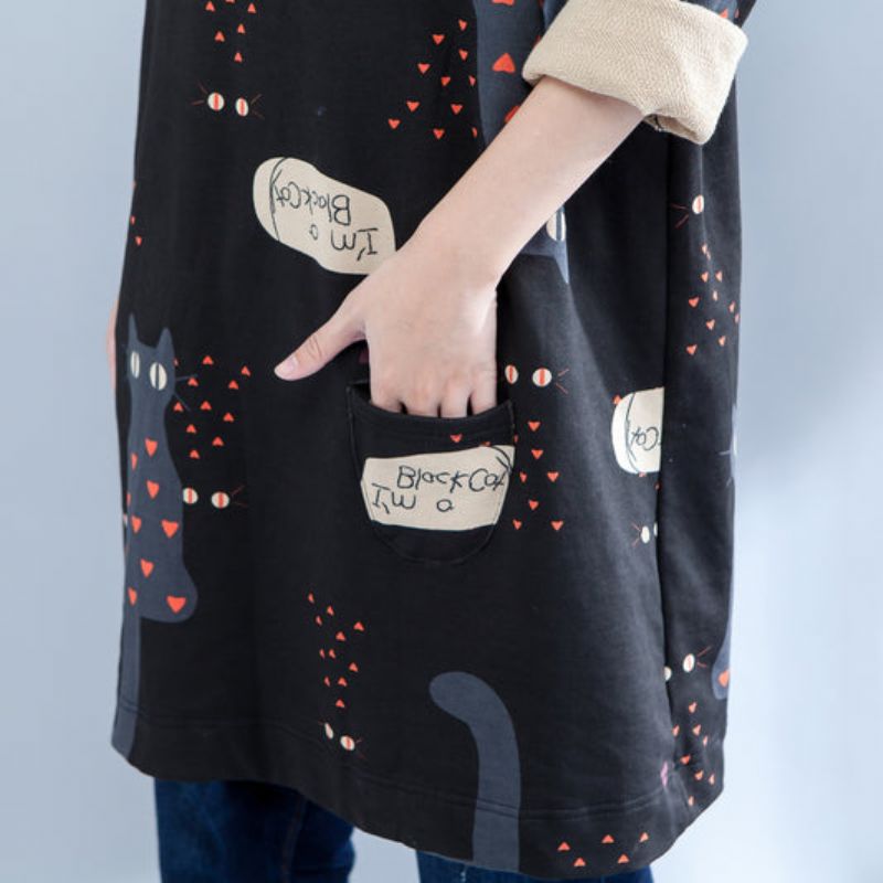 Zwarte Plus Size Cartoon Prints Katoenen Vesten Met Lange Mouwen O-hals Jas Herfst - Dames winterjassen