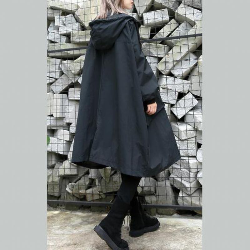 Zwarte Winterjas Trendy Plus Size Capuchon Baggy Ritssluiting Jassen Dames Zakkenjassen - Dames winterjassen