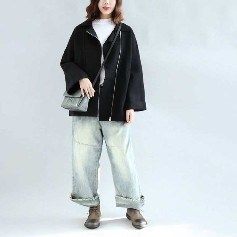 Zwarte Wollen Capejassen Oversized Korte Jassen Met Ritssluiting - Gyeen