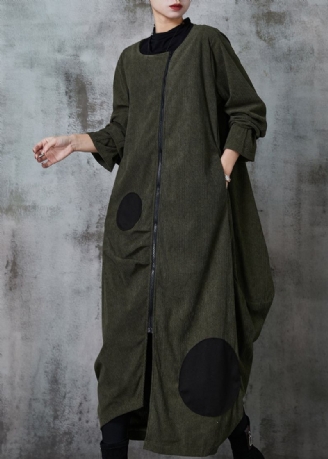 Zwartgroene Katoenen Trenchcoat Met Stippen Asymmetrische Lente