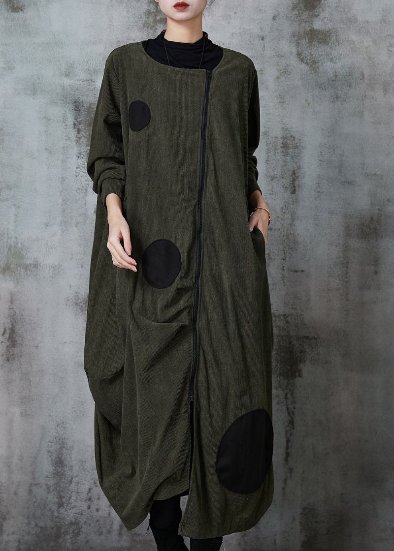 Zwartgroene Katoenen Trenchcoat Met Stippen Asymmetrische Lente - Dames winterjassen