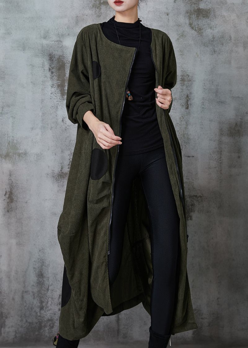 Zwartgroene Katoenen Trenchcoat Met Stippen Asymmetrische Lente - Dames winterjassen