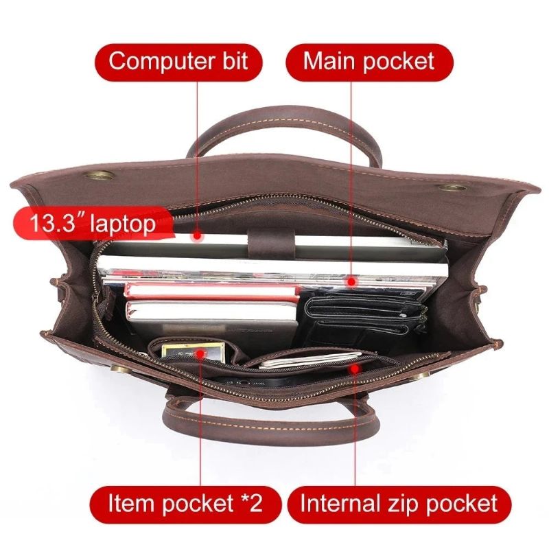 Echt Lederen Herenaktentas 13.3 Inch Laptop Zakelijke Handtas Leer Retro Crossbody - Bruin