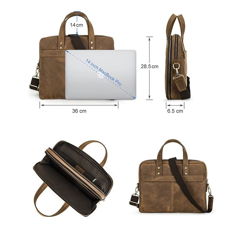 Echt Lederen Herenaktentas Vintage Grote Laptoptas Voor 14 Inch Schoudertassen Mannen - Koffie