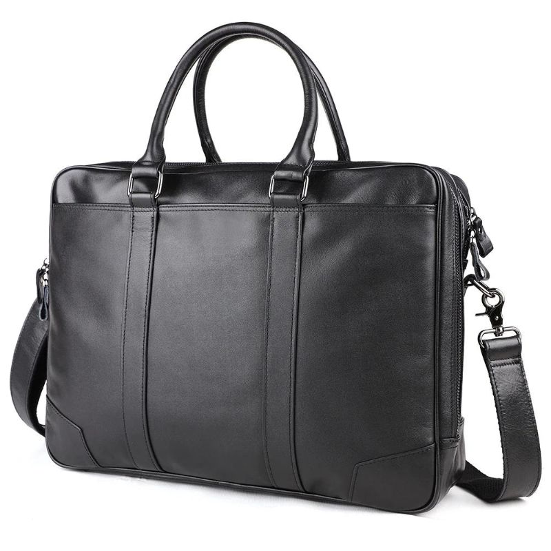 Mannen Echt Lederen Aktetas 15.6 Inch Laptop Handtas Business Crossbody Tas Man Tote Messenger Schoudertassen Mannelijke Reistas - Zwart