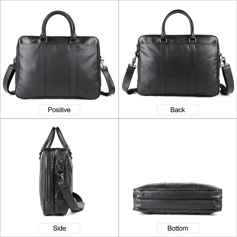 Mannen Echt Lederen Aktetas 15.6 Inch Laptop Handtas Business Crossbody Tas Man Tote Messenger Schoudertassen Mannelijke Reistas - Zwart