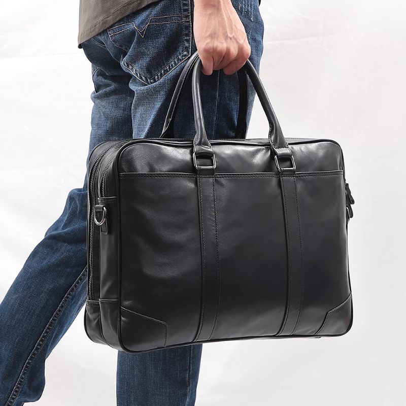 Mannen Echt Lederen Aktetas 15.6 Inch Laptop Handtas Business Crossbody Tas Man Tote Messenger Schoudertassen Mannelijke Reistas - Zwart