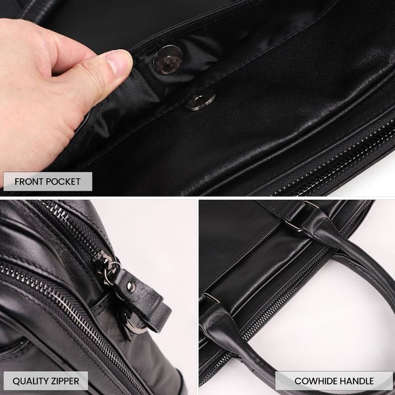 Mannen Echt Lederen Aktetas 15.6 Inch Laptop Handtas Business Crossbody Tas Man Tote Messenger Schoudertassen Mannelijke Reistas - Zwart