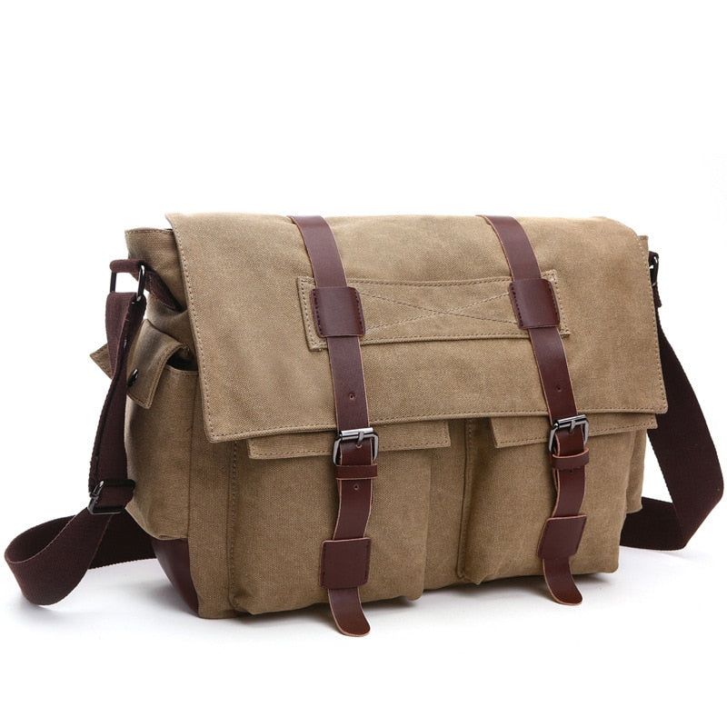 Mannen Messenger Bags Canvas En Leer Patchwork Grote Satchel Schoudertassen Mannelijke Laptop Aktetas Vintage Reishandtas - Kaki