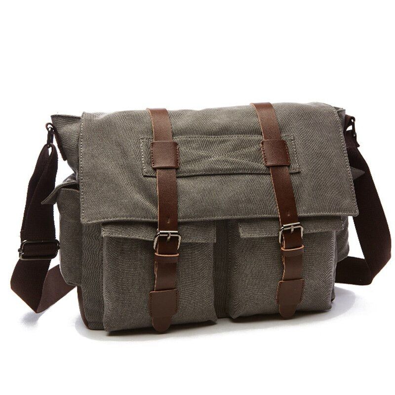 Mannen Messenger Bags Canvas En Leer Patchwork Grote Satchel Schoudertassen Mannelijke Laptop Aktetas Vintage Reishandtas - Kaki