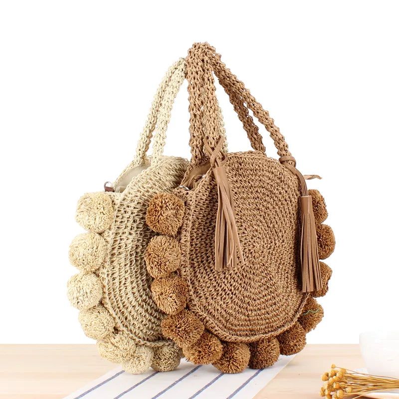 Boheemse Kwastje Rotan Dames Handtassen Geweven Crossbody Schoudertassen Designer Bal Zomer Strandtas - Beige