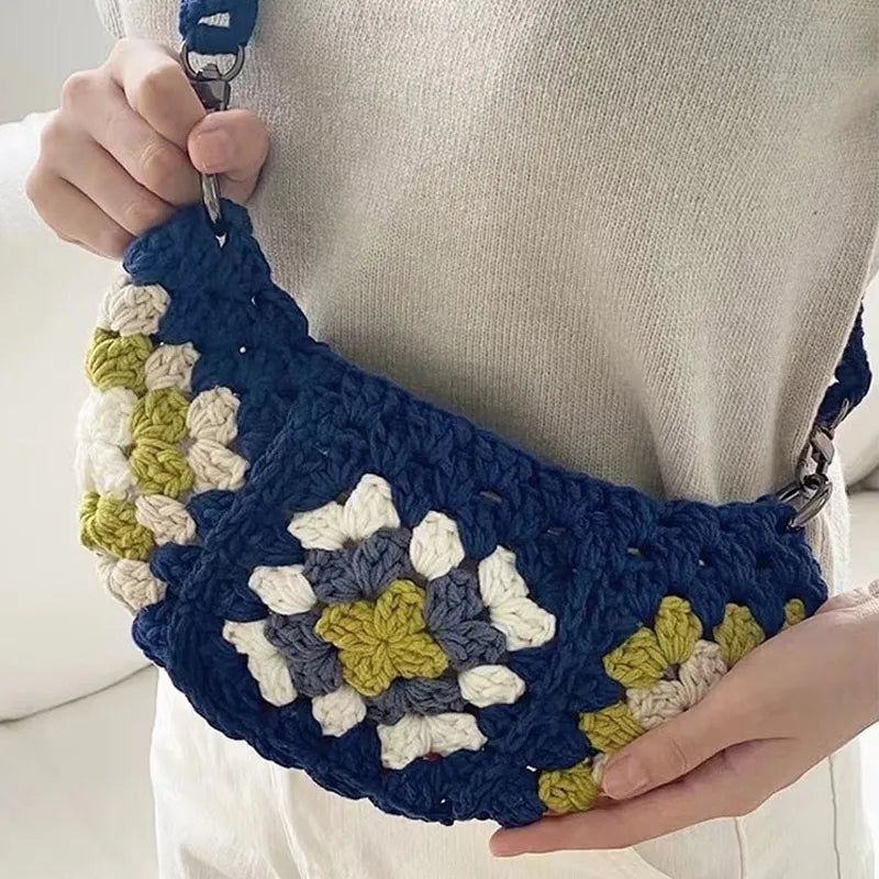 Bohemian Granny Square Crossbody Tassen Voor Dames Designer Gehaakte Schoudertassen Gebreide Hobos Messenger Bag Kleine Telefoon Portemonnees - Blauw