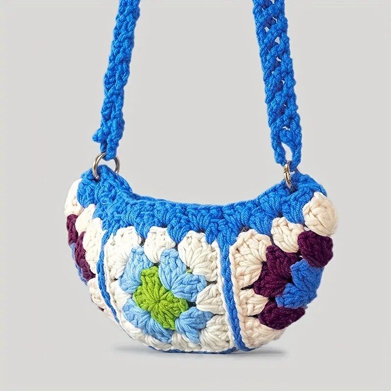 Bohemian Granny Square Crossbody Tassen Voor Dames Designer Gehaakte Schoudertassen Gebreide Hobos Messenger Bag Kleine Telefoon Portemonnees - Blauw