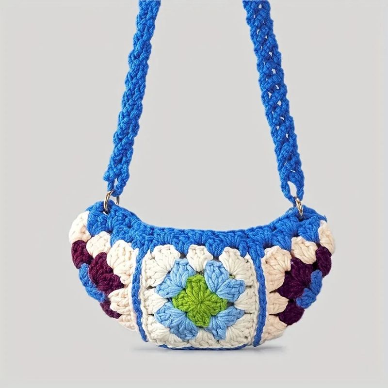 Bohemian Granny Square Crossbody Tassen Voor Dames Designer Gehaakte Schoudertassen Gebreide Hobos Messenger Bag Kleine Telefoon Portemonnees - Blauw