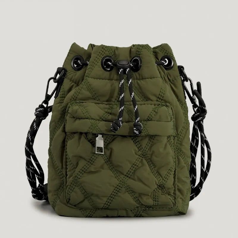 Casual Nylon Gewatteerde Schoudertassen Voor Dames Crossbodytas Met Trekkoord Vintage Emmertas Kleine Draagtas Vrouwelijke Portemonnees Winter - Zwart