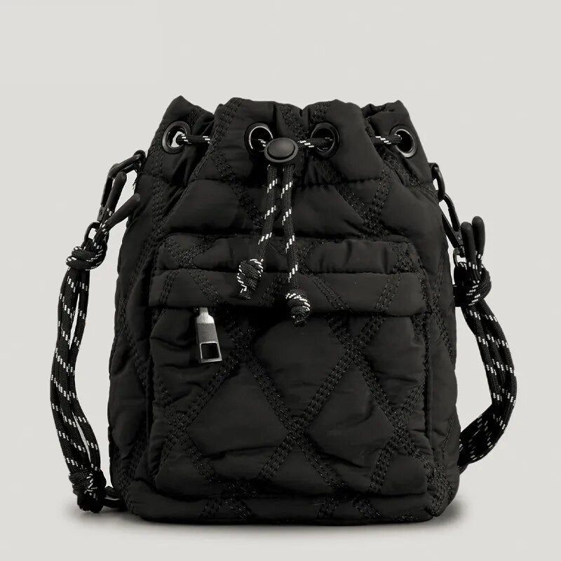 Casual Nylon Gewatteerde Schoudertassen Voor Dames Crossbodytas Met Trekkoord Vintage Emmertas Kleine Draagtas Vrouwelijke Portemonnees Winter - Zwart