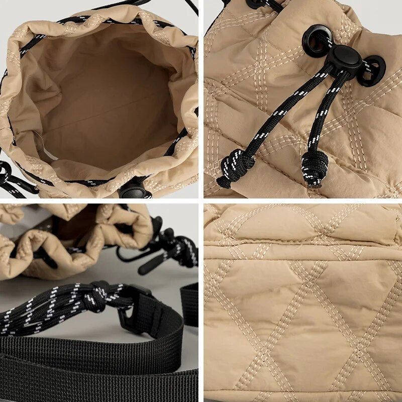 Casual Nylon Gewatteerde Schoudertassen Voor Dames Crossbodytas Met Trekkoord Vintage Emmertas Kleine Draagtas Vrouwelijke Portemonnees Winter - Zwart