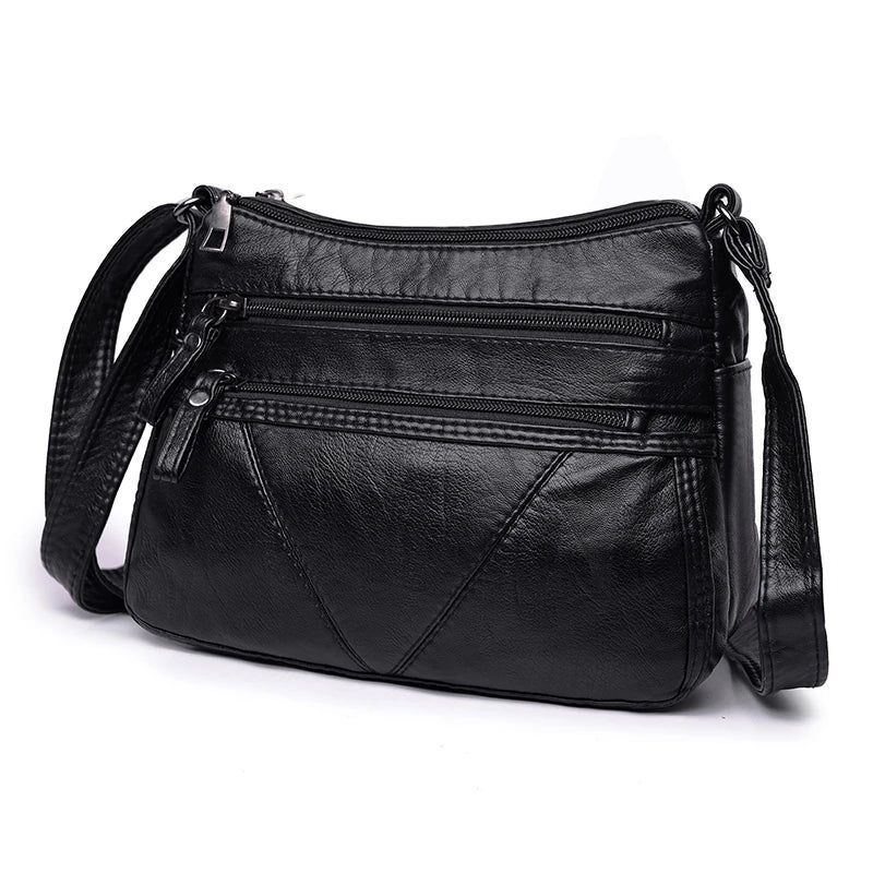 Dames Zachte Tas Lederen Schoudertas Zwart Gewassen Crossbody Tas Portemonnee Handtas Kleine Tas - Zwart