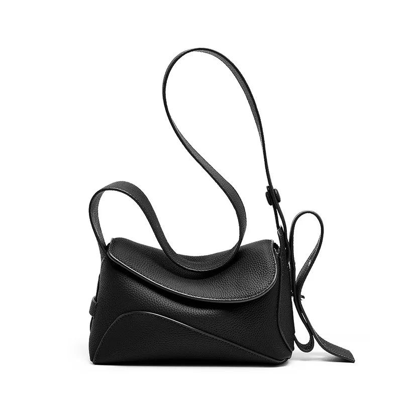 Flap Bag Eerste Laag Leer Verstelbare Riem Dames Schouder Crossbody Tas Klein - Zwart