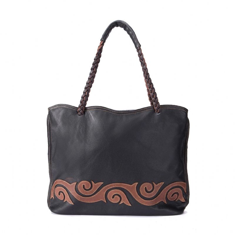 Graan Echt Leer Beroemde Luxe Dames Schoudertas Designer Vrouwelijke Vintage Tote - Zwart