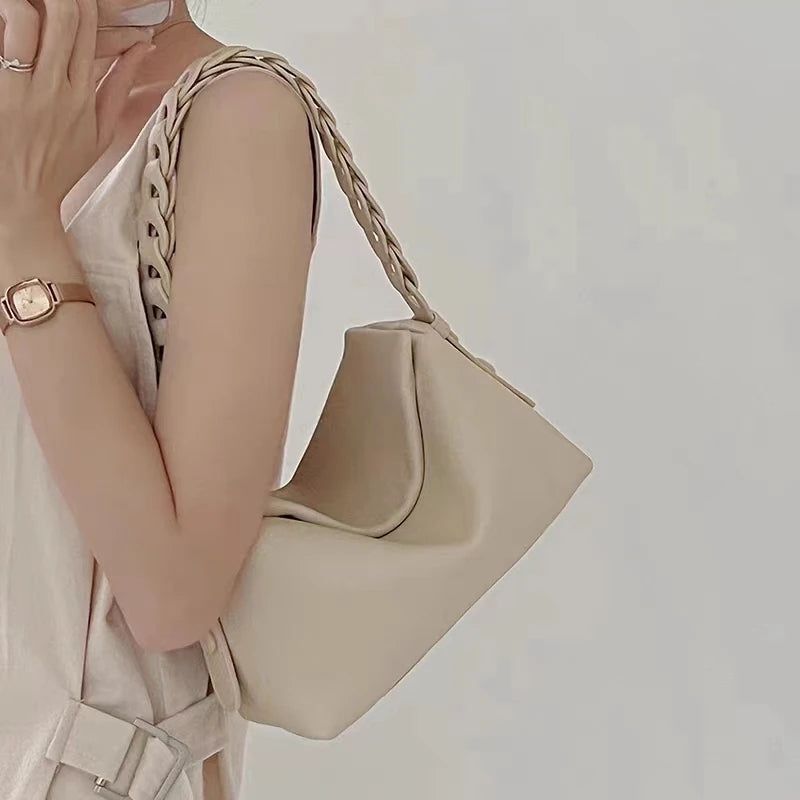 Handtas Gebreide Geweven Riem Enkele Schoudertas Beige Zachte Eerste Laag Leren Dames Crossbody Tas - Beige