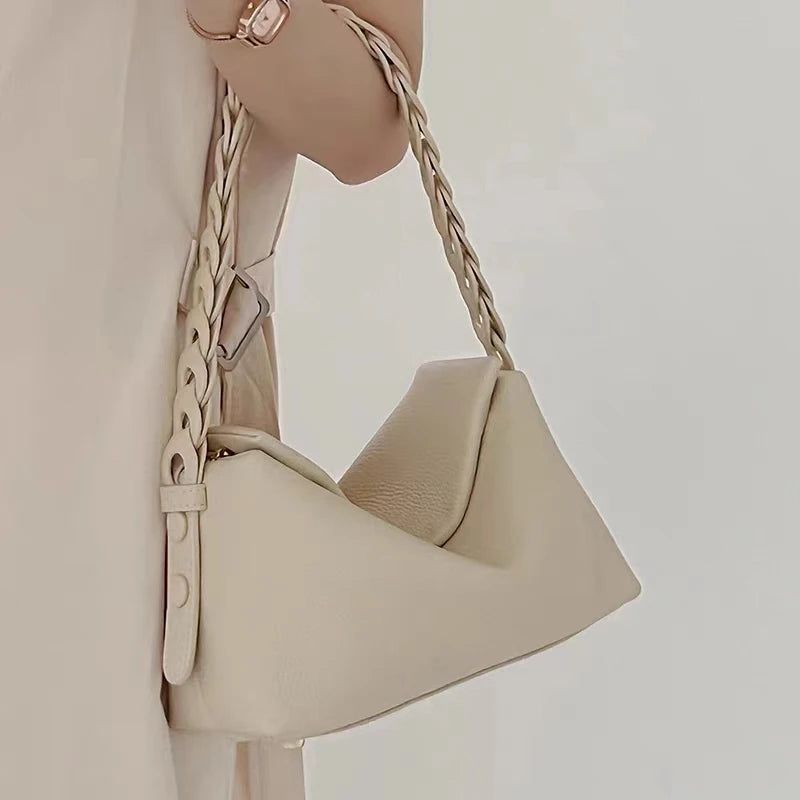 Handtas Gebreide Geweven Riem Enkele Schoudertas Beige Zachte Eerste Laag Leren Dames Crossbody Tas - Beige