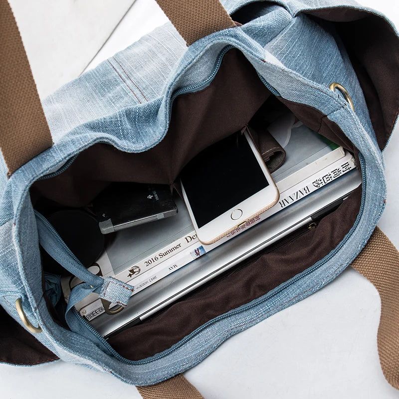 Luxe Tassen Voor Dames Handtas Met Grote Capaciteit Denim Draagtas Vrouwelijke Schoudertas - Blauw