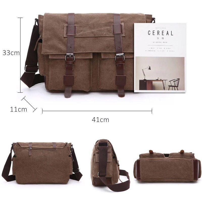 Mannen Messenger Bags Canvas En Leer Patchwork Grote Satchel Schoudertassen Mannelijke Laptop Aktetas Vintage Reishandtas - Kaki