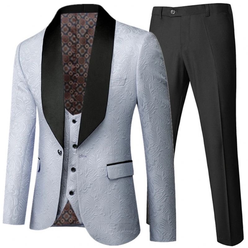 Banket Feather Embossing Designer Blazer Jas Broek Vest Herenpak Jas - Crème