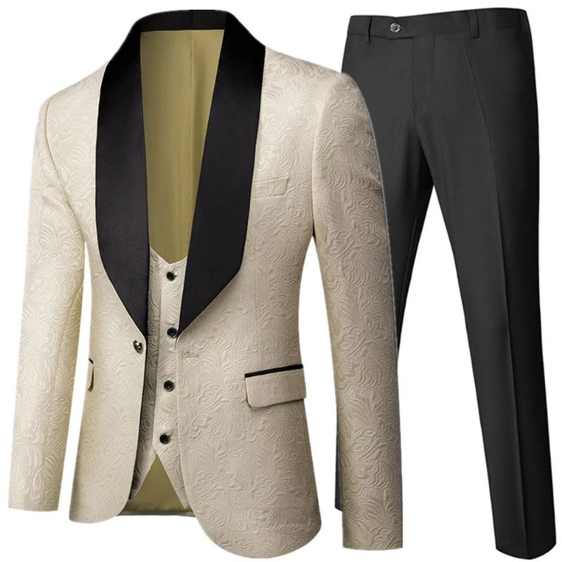 Banket Feather Embossing Designer Blazer Jas Broek Vest Herenpak Jas - Crème