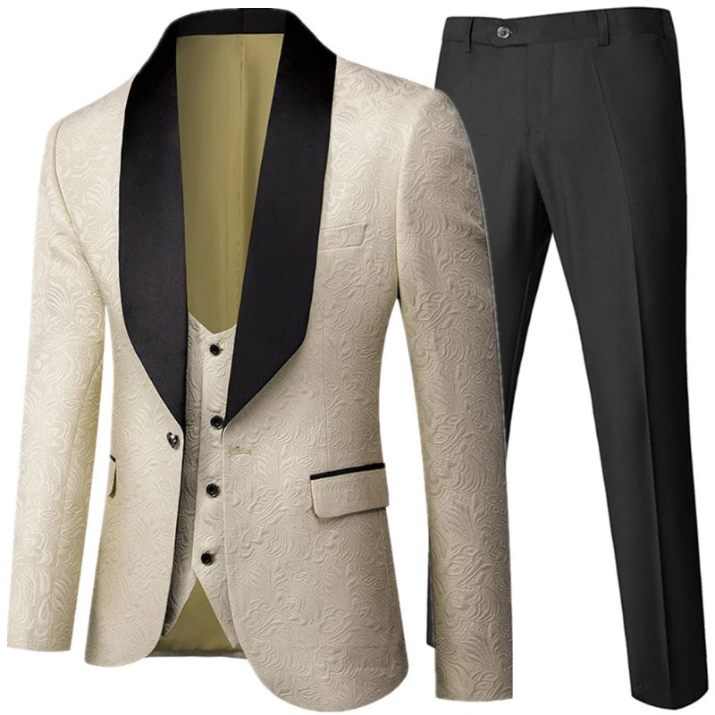 Banket Feather Embossing Designer Blazer Jas Broek Vest Herenpak Jas - Crème