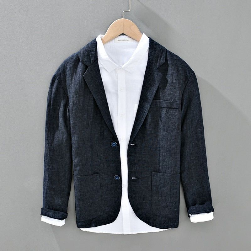 Casual Blazer Heren Effen All-match Pakken Jassen Puur Linnen Ademend Turn-down Kraag Bovenkleding Jas - Blauw