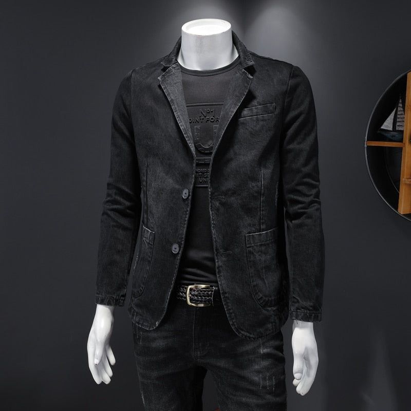 Denim Blazer Mannen Jeans Slim Fit Cowboy Jassen Leisure Heren Pak Jean Jas Casual Jas Enkele Knop Nieuw - Grijs